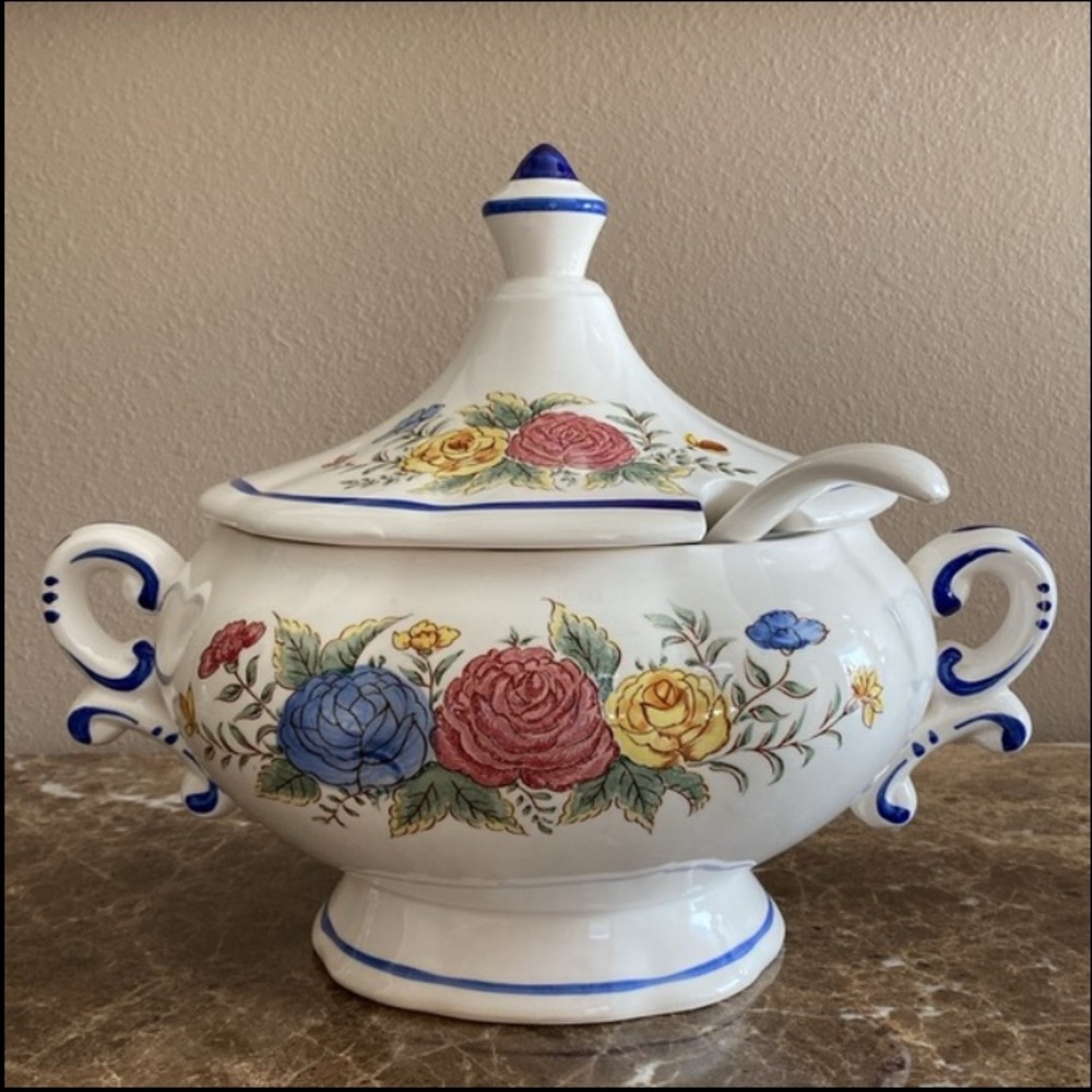 Vintage Signed Art Pottery Soup Tureen, White w/Navy Trim & Flowers, White Ladle